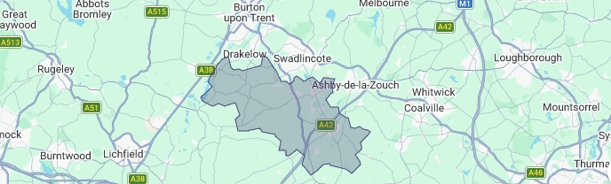 Map showing the South Derbyshire area around Drakelow, Walton-on-Trent and Rosliston